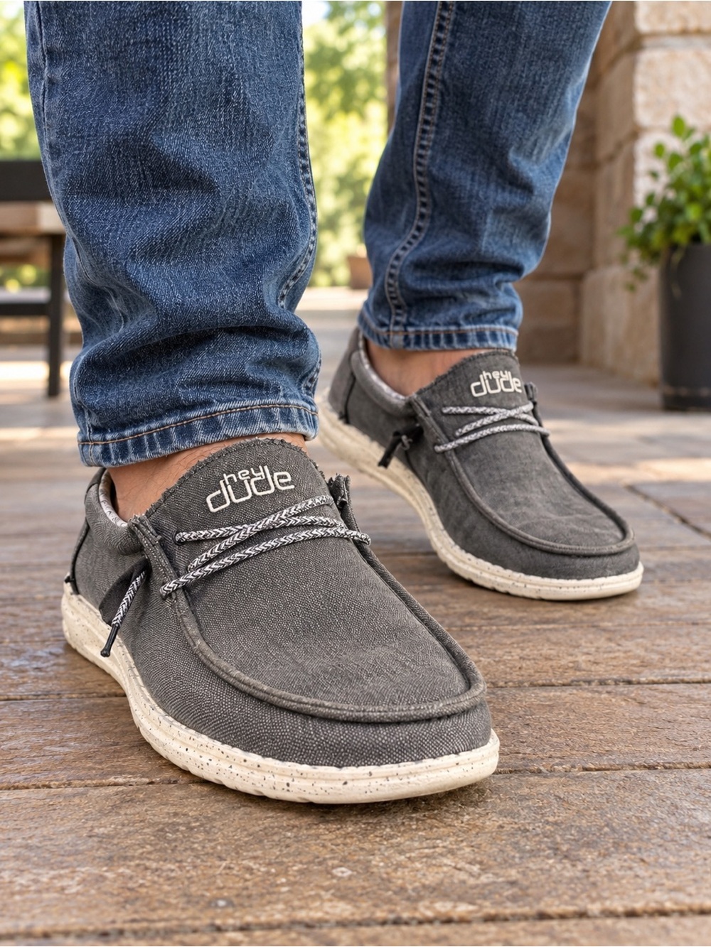 Hey Dude Wally Gray Chambray Blue Mirage Canvas Slip-On Loafers for Men